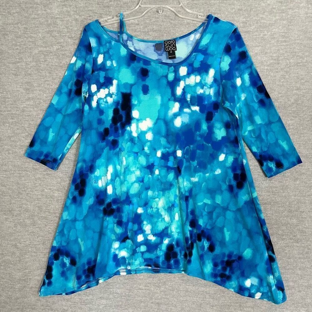 Clara Sun Woo Artsy Swing Tunic Womens XS Shades of Blue Asymmetric Cut Out Top